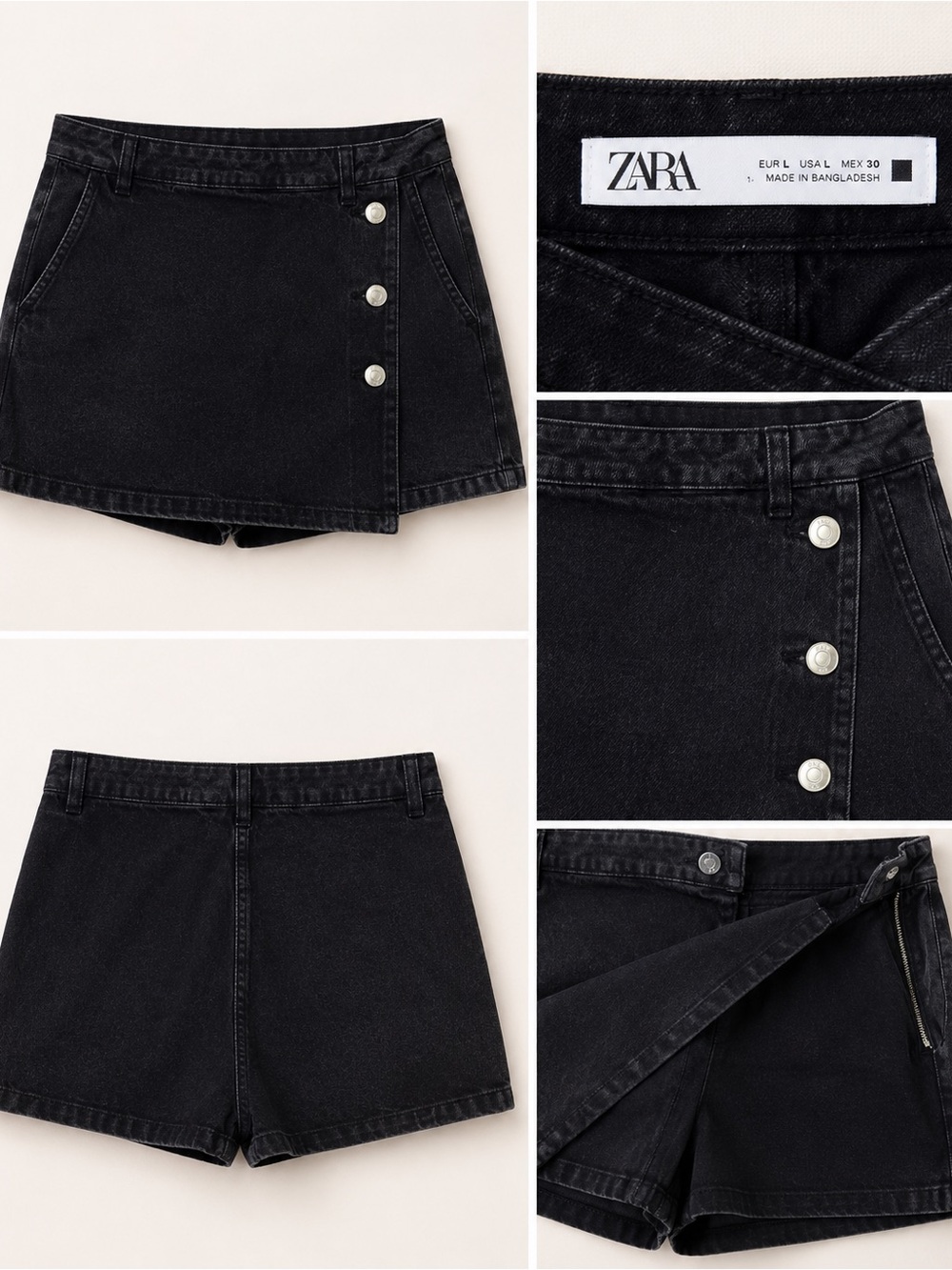 Zara Black Denim Wrap Skort with Silver Button Detail